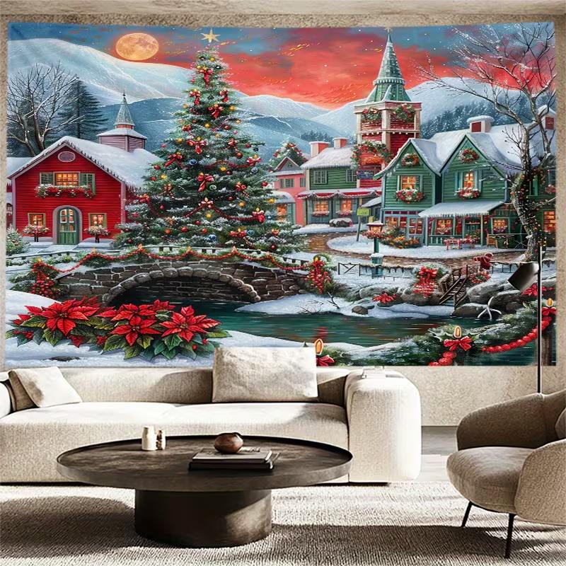 2D Christmas Snowy Mountain Village Wall Tapestry