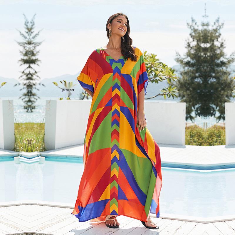 Свободный хлопковый халат большого размера с принтом - Пляжная накидка для женщин
