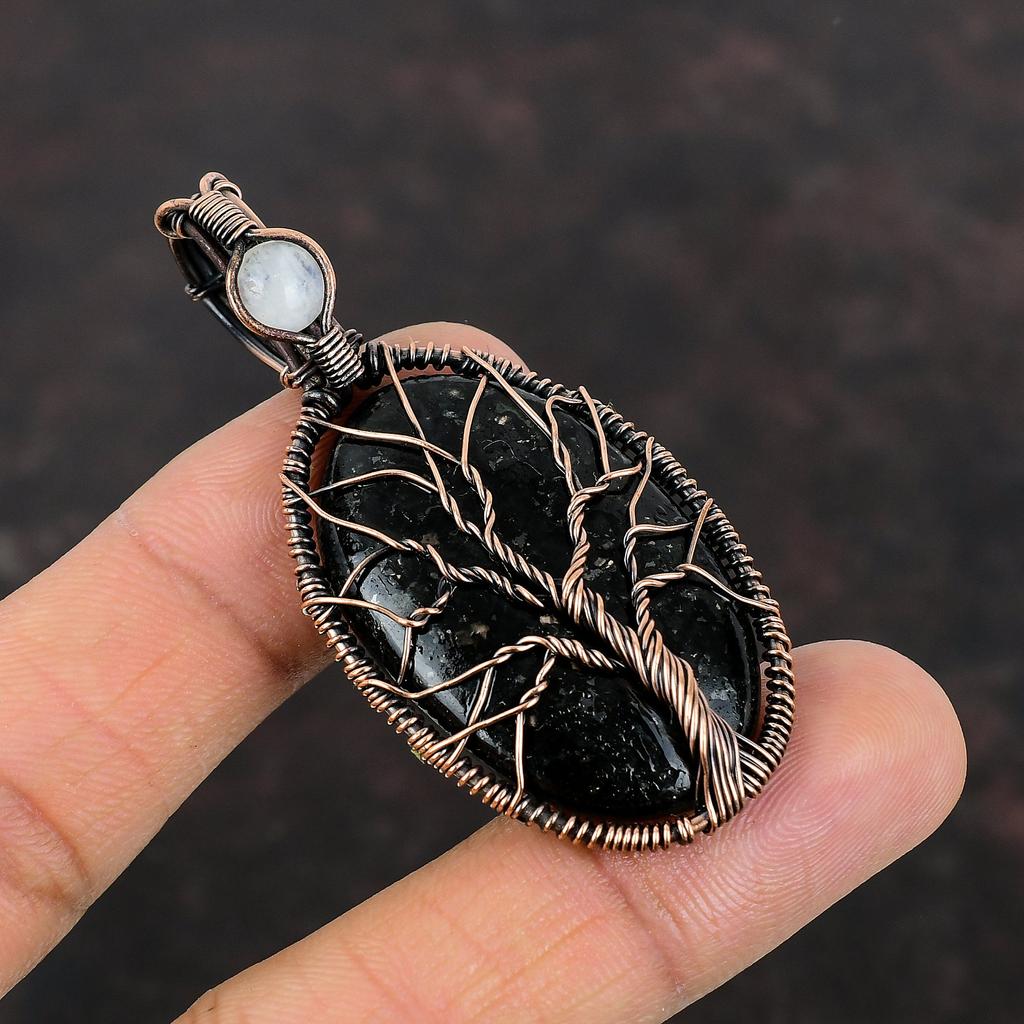 Подвеска из нууммита «Дерево жизни», подвеска из медной проволоки, обернутая драгоценным камнем, ручная работа, обернутая медной проволокой, ювелирное украшение в подарок для нее, подвеска из радужного лунного камня