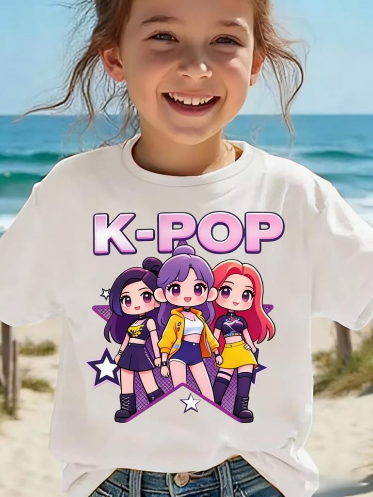 Детская футболка K-pop с мультяшным принтом, короткий рукав, летняя, удобная, забавный подарок для фанатов, футболки в стиле Харадзюку, одежда для девочек