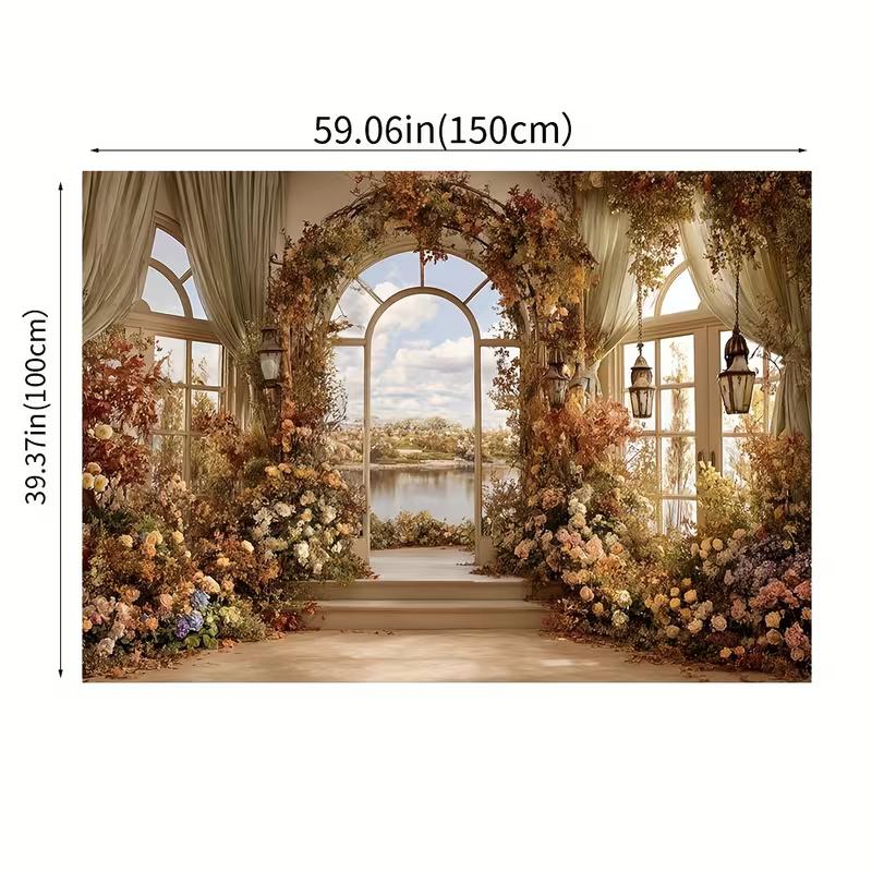 2D Vintage Conservatory Backdrop, Autumn Floral Arch with Lake and Sky Background Cloth