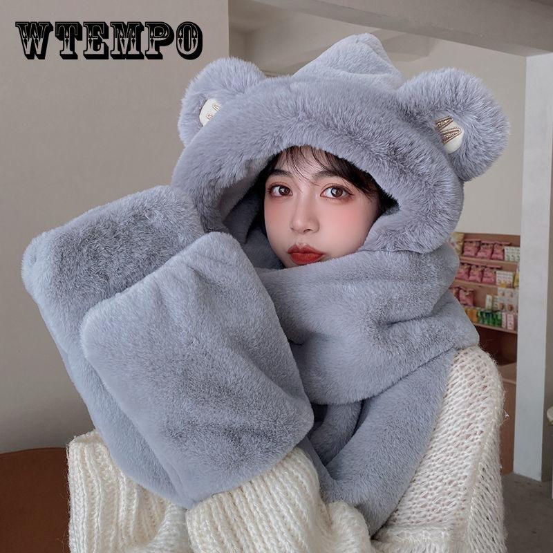 Bear Hat Scarf One-piece Female Cute All-match Winter Thickening Warm Plush One-piece Hat
