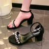 Женская обувь 2024 Мода Открытый носок Ремешок на щиколотке Женские сандалии Летние слингбэки Стразы Однотонные Платье Массивный каблук Сандалии