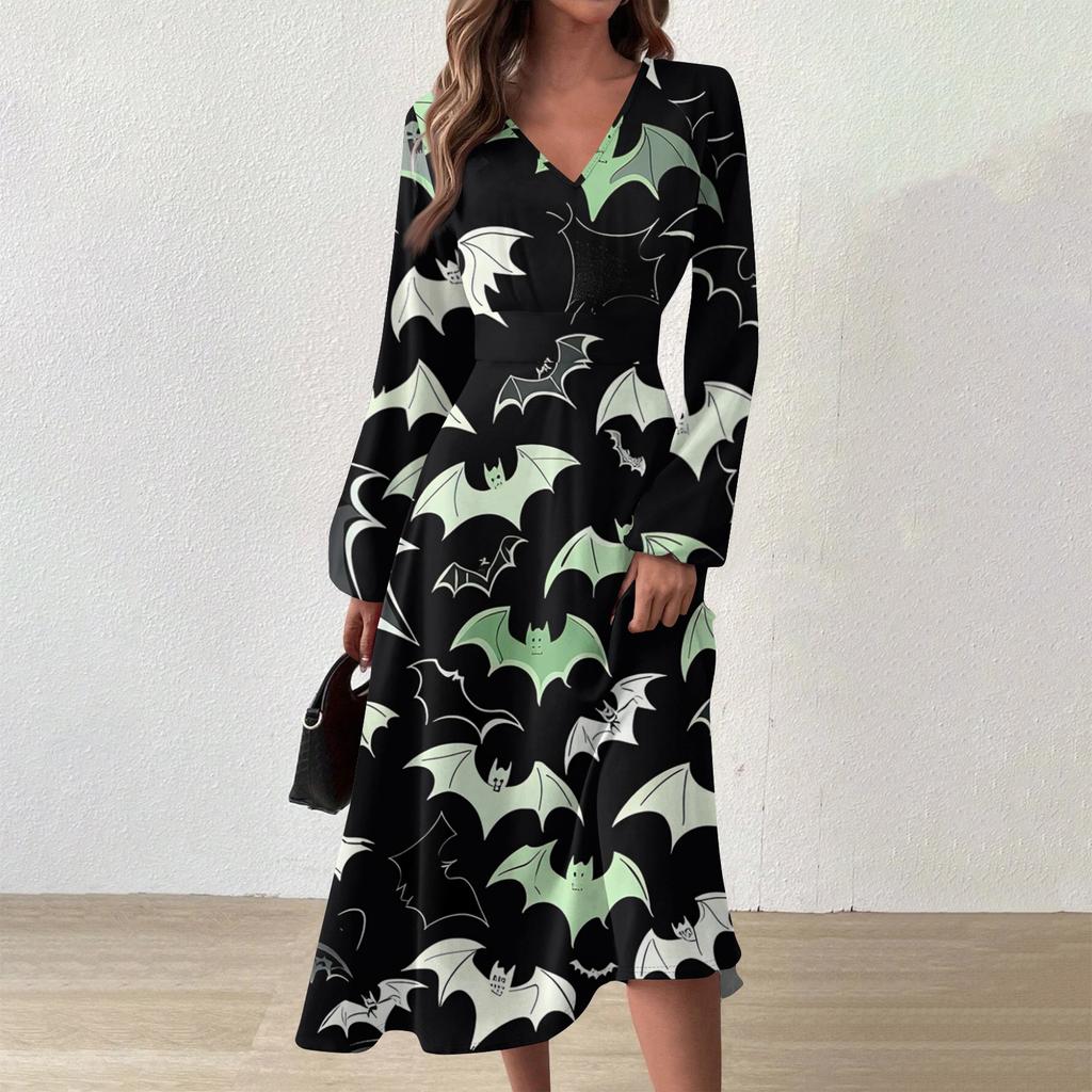 Женское осенне-зимнее повседневное модное длинное платье с v-образным вырезом и длинным рукавом с принтом