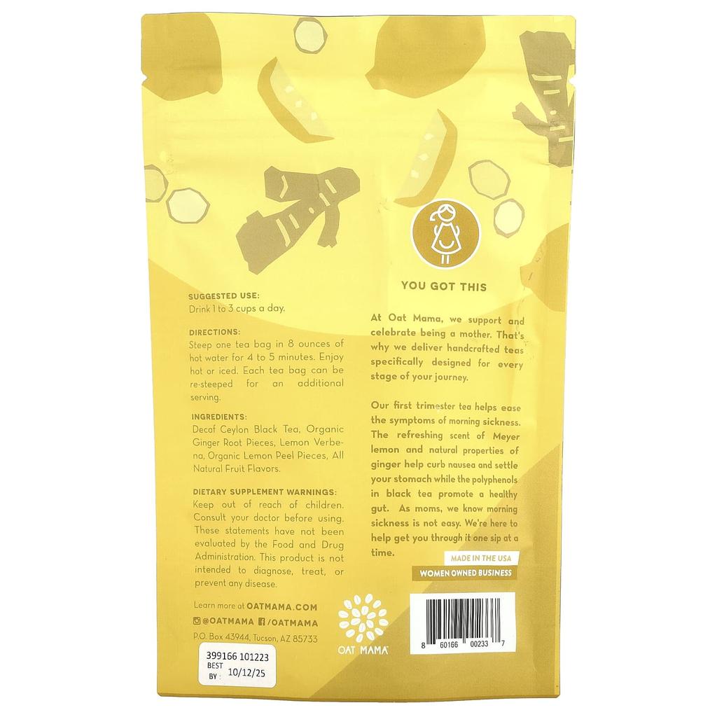Oat Mama Morning Sickness Tea, Meyer Lemon Ginger, Caffeine Free, 14 Tea Bags, 32g