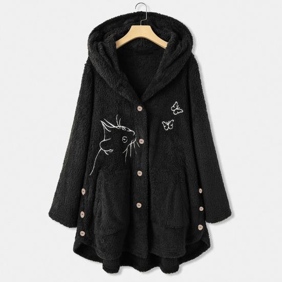 Women Winter Coat Thick Warm Thermal Long Sleeves Buttons Plush Butterflies Cozy Cat Pattern Winter Hoodie Coat for Outdoor