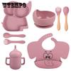 8PCS/Set Elephant Baby Silicone Tableware Set Baby Feeding Dishes BPA Free Bowl Plate Bibs Spoon Fork Sets Children Non-slip Dinnerware