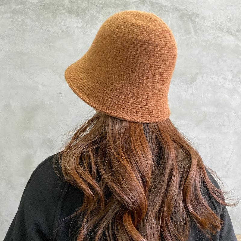 Solid color large brim wool bucket hat autumn and winter plain retro washbasin hat knitted bucket hat