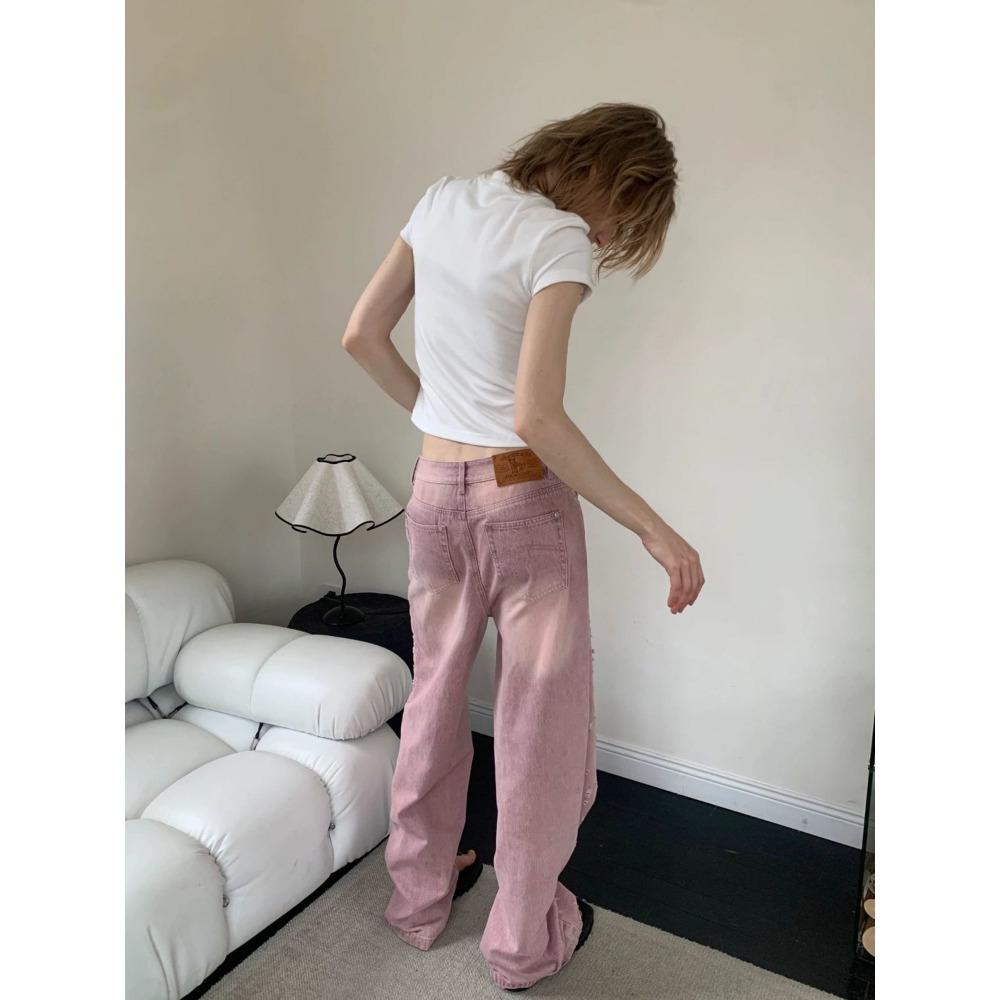 Винтажные фиолетовые, фиолетовые, розовые, с градиентом, женские джинсы, джинсовые брюки с рваными отверстиями, модные повседневные свободные прямые брюки большого размера