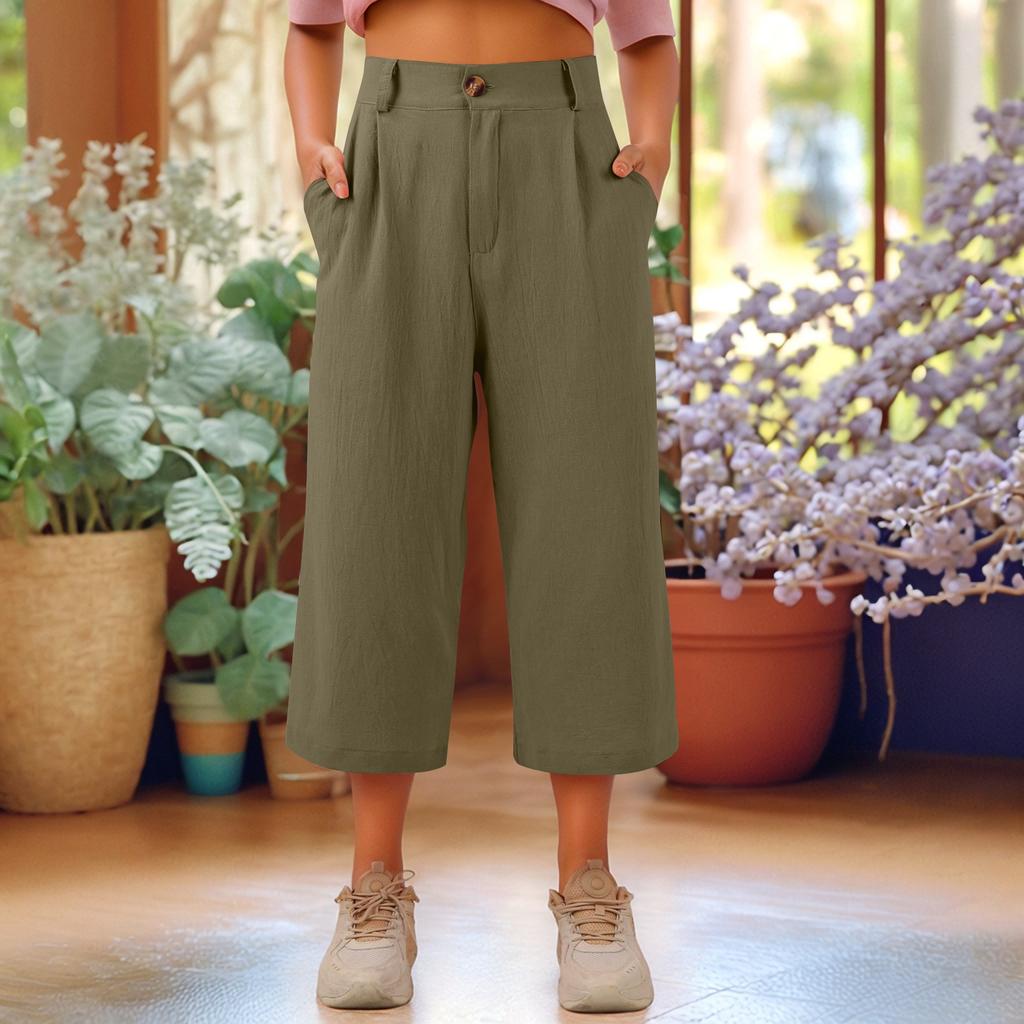 Capris Pants For Women Cotton Linen Casual Summer Straight Wide Leg Loose Drawstring Elastic Waist Cropped Trouser