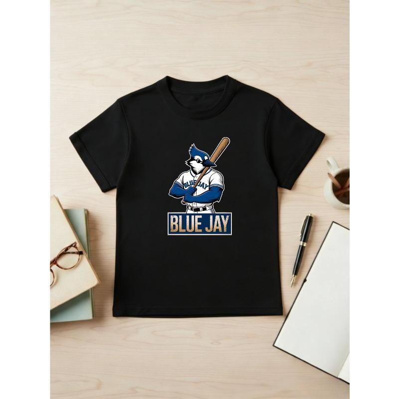 European sizes [Baseball Cartoon T-Shirt] Blue Jay Baseball Cartoon Print T-Shirt - Boys And Girls Sports Casual Short-Sleeved Top