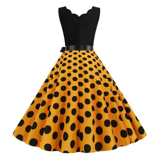Женское вечернее платье трапециевидной формы без рукавов в стиле ретро в стиле пэчворк с принтом в горошек