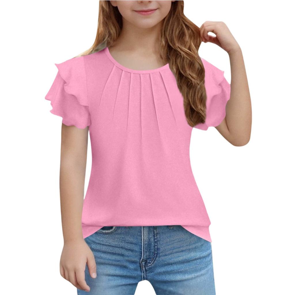 Girls' Ruffled Tee - Solid Color Short Sleeve Casual Top