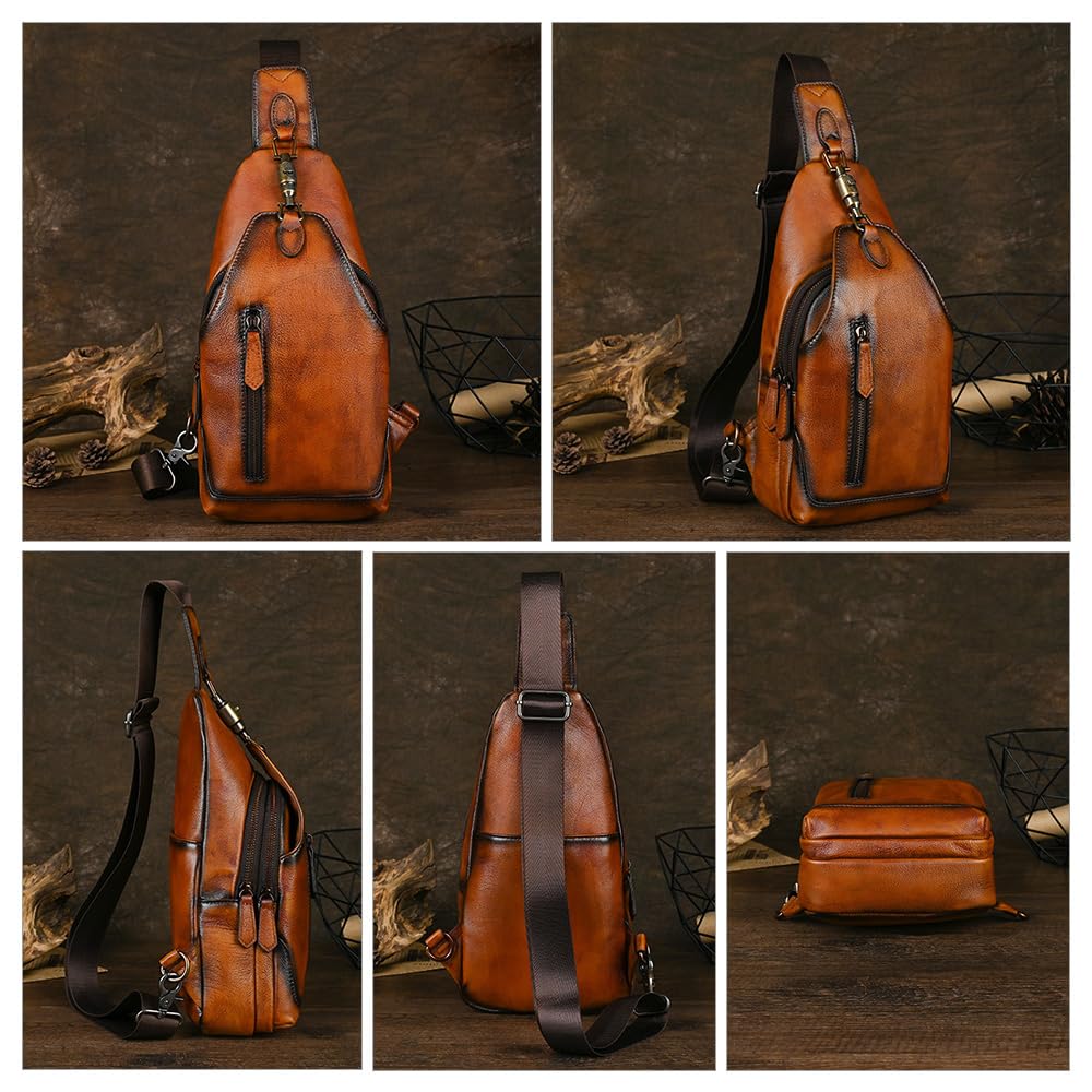 Whatna Винтажная сумка через плечо из натуральной кожи рыжего цвета, мужская сумка-слинг, нагрудная сумка, сумка кросс-боди, натуральная толстая кожа, подарок для мужчин,