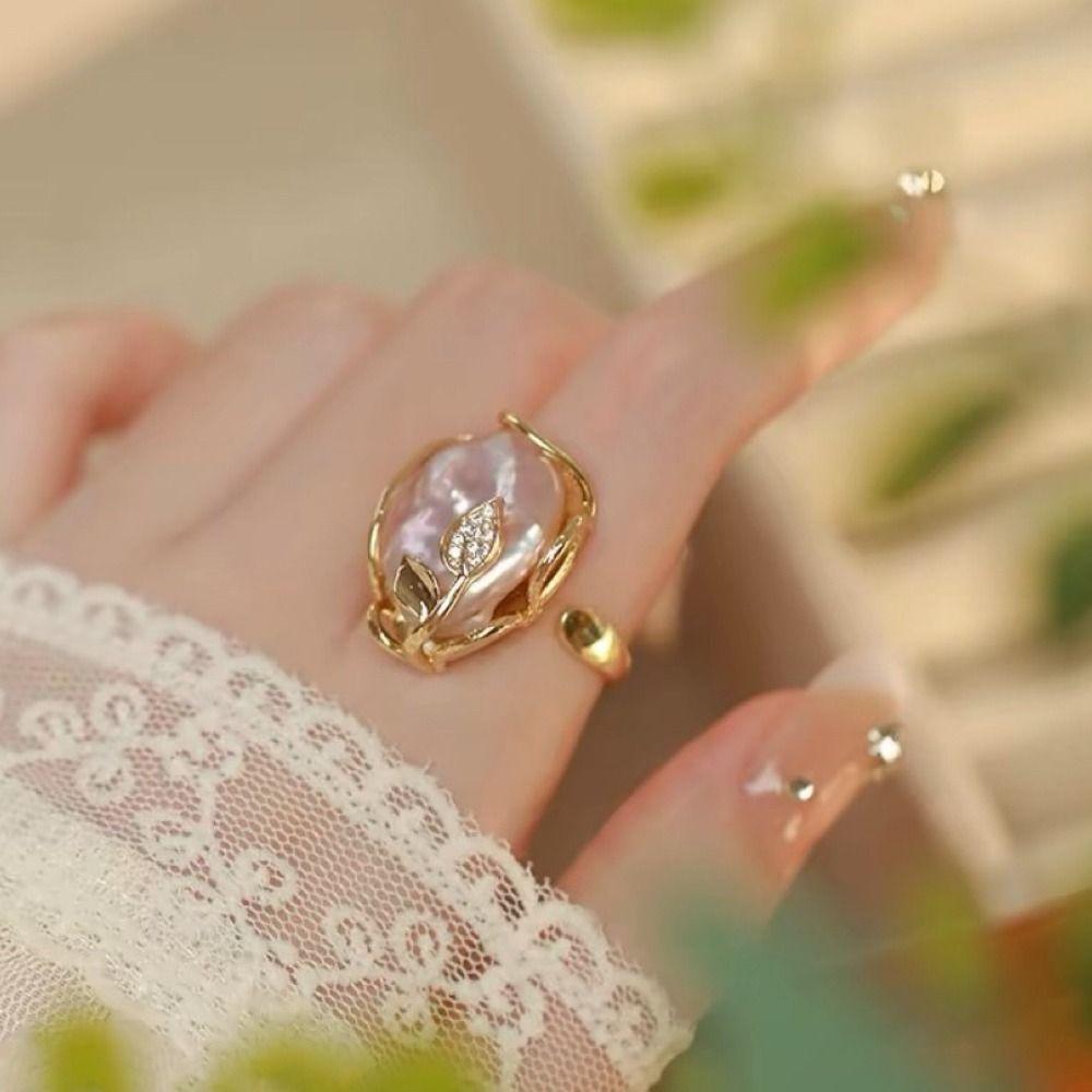 Baroque Pearl Opening Ring Rhinestone Natural Pearl Ring Creative Women's Jewelry  Women