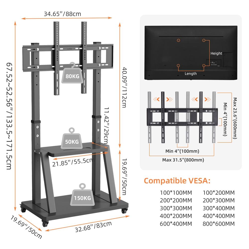UNHO Mobile Floor TV Stand with Castors, Heavy Duty TV Cart Stand for 32''-100'' LED LCD Screens Height Adjustable Ultra Stable