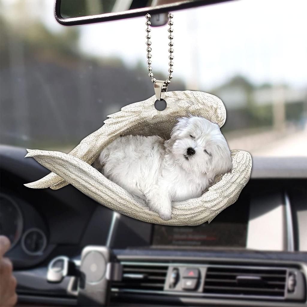 Cute Acrylic Car Mirror Pendant With Angel Wings Perfect For Dog Lovers Gifts