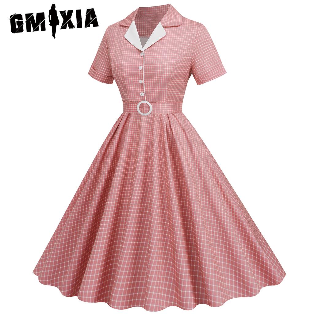 GMXIA Temperament Women's Color Contrast Suit Collar Cardigan Checkered Belt Slimming Big Swing Mid-length Vintage Dress