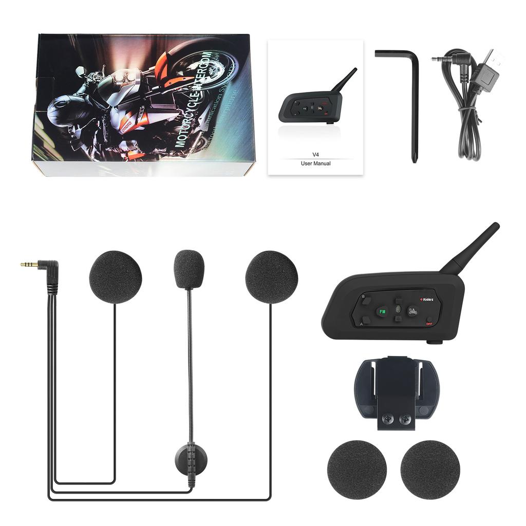 V4 PRO Мотоциклетный шлем Bluetooth-гарнитура для связи 1200 м 4 водителя Полный дуплекс Интерфон с FM-радио Водонепроницаемый коммуникатор