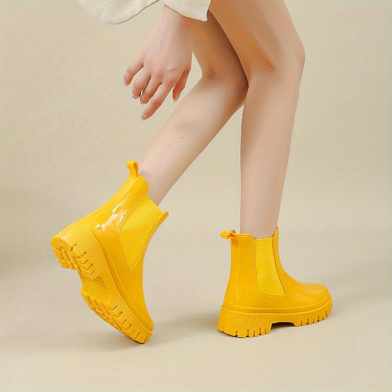 Женские резиновые сапоги на толстой подошве, эластичные вставки для легкого надевания, амортизирующий комфорт, черно-желто-зеленые, модная повседневная и профессиональная обувь