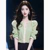 Early Autumn Loose Shirt Fairy Fluttering Small Fresh Light Mature French Niche Mori Green Long-sleeved Shirt Top Women