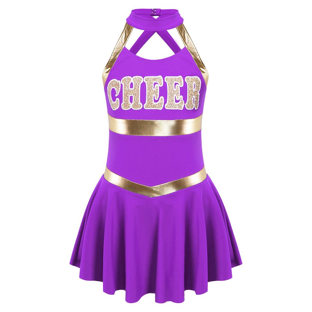 Girls Sleeveless Round Collar Letter Print Crisscross Straps Hollow Back Cheerleading Dance Dress