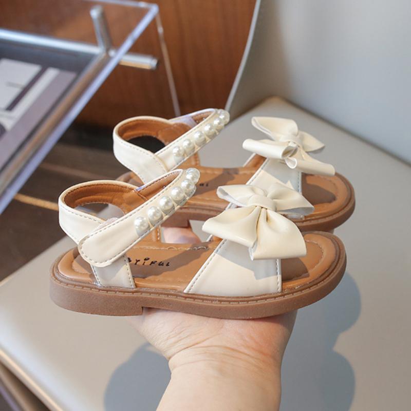 Summer Kids Sandals for Girls Elegant Pearl Bowknot Fashion New Versatile Sweet Children Causal Party Wedding Flats Beach Shoes