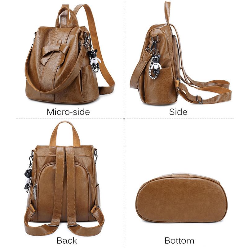 2025 Модные женские рюкзаки с бантом из натуральной кожи, женские школьные сумки из воловьей кожи с защитой от кражи и орнаментом в виде медведя