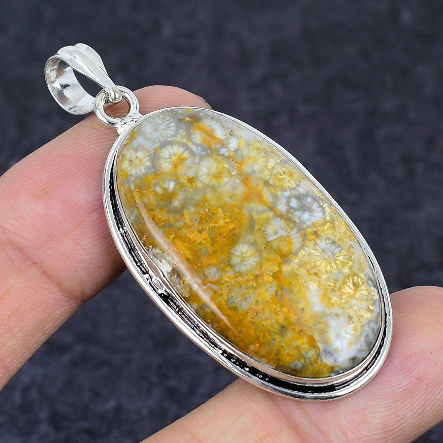 Fossil Coral Gemstone Handmade 925 Sterling Silver Jewelry Pendant 2.29" s7f60