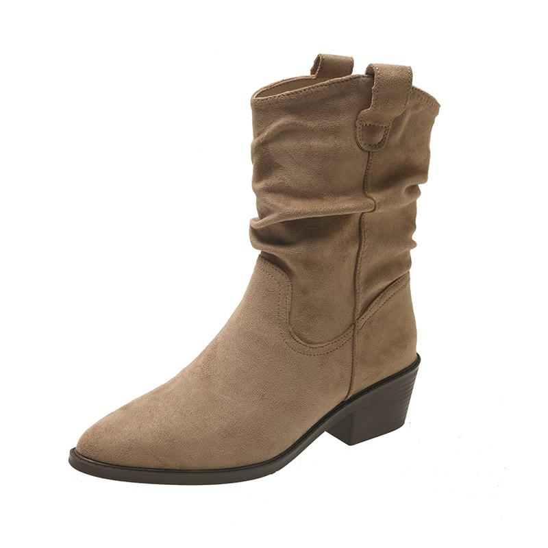 Мода 2025 Новый стиль Высокие каблуки Плиссированные сапоги для женщин Осень Зима Кожаные сапоги в западном стиле Женские сапоги на толстом каблуке