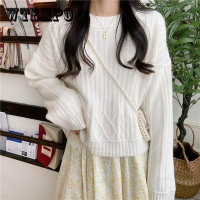 Свитера женские осенне-зимние верхняя одежда свободный вязаный свитер однотонный пуловер с закрученным низом топ