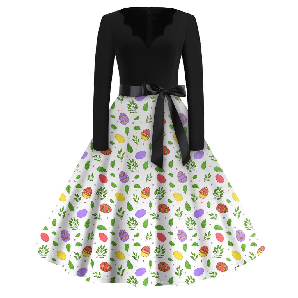 Женская мода с v-образным вырезом, повседневные тонкие пасхальные платья с длинным рукавом и принтом