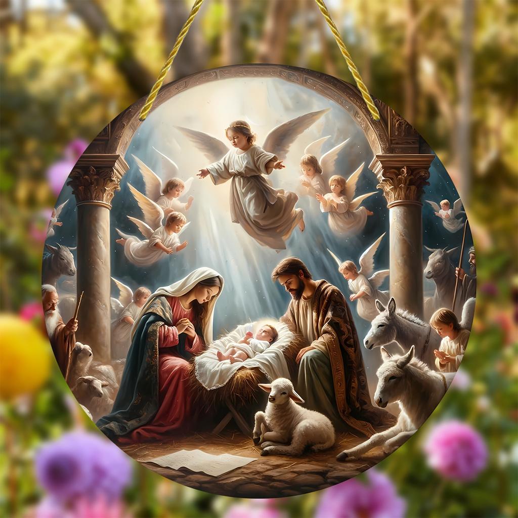 Wooden Sign Guard Jesus Round Sign for Church Door Wall Hanging Decor Ideal Gift Simple and Stylish Toilet Door Hanging Decor, Unisex Washroom Sign