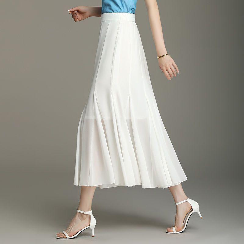 Летняя шифоновая юбка-полуторка, белая, женская, средней и длинной длины, с высокой талией, большая однотонная юбка А-силуэта, облегающая, большая юбка
