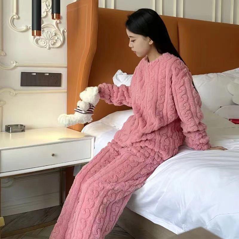 Женский вязаный комплект пижамы из кораллового флиса, теплый, для осени/зимы
