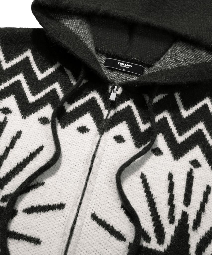 TRILLION Washable Wool Star Nordic Hooded Zip-Up Knit_Black