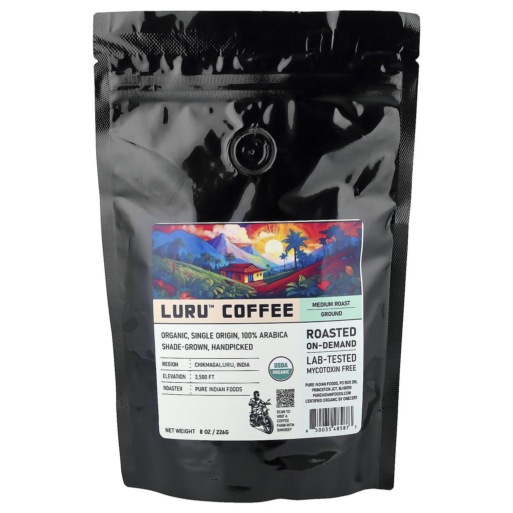 Pure Indian Foods Luru™ Coffee, Ground Coffee, Medium Roast, 8 Oz (226 G)