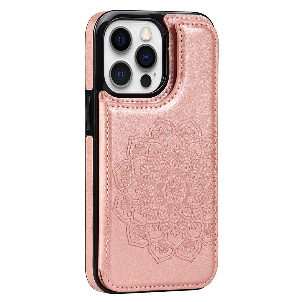 For iPhone 15 Pro Cell Phone Case Imprinted Mandala Flower PU Leather+TPU Anti-fall Cover