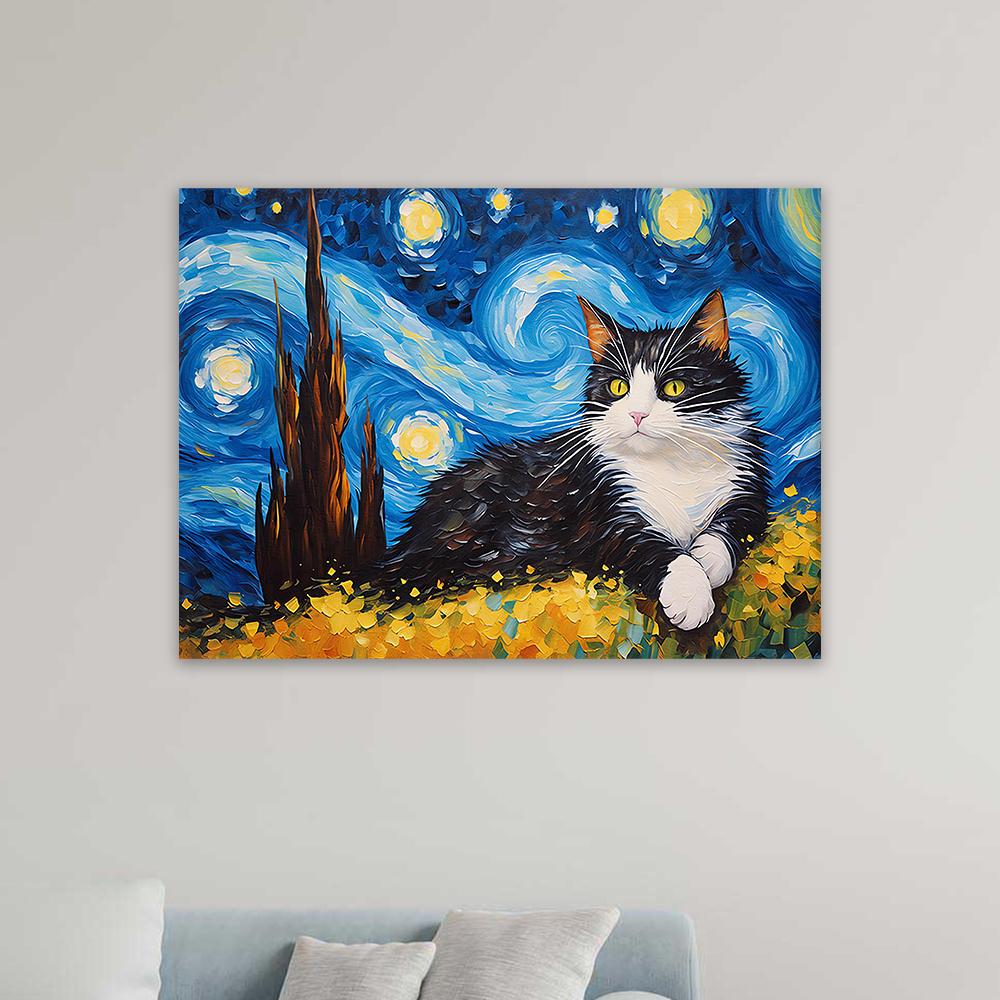 Tuxedo Cat Style Van Gogh Print Home Decor Wall Art Starry Night Oil Painting Print Canvas Poster Cat Lover Gift Bedroom Decor