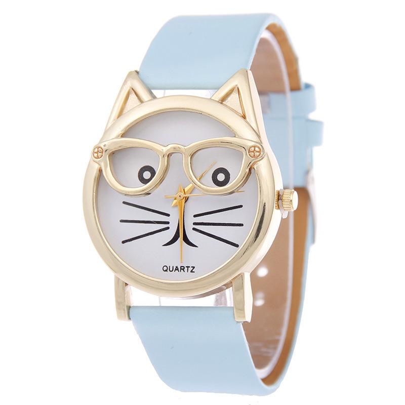 Creative Styling Belt Cartoon Watch, Fashion Trend Cat Face Glasses Women'S Watch, Love Cute Schoolgirl Watch
