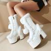 Lovely Lolita Mid-Calf Boots Women's Platform Thick Heels Sweet White Show Party Cosplay Ladies Fur Zipper Boots Pom-pom Pendant