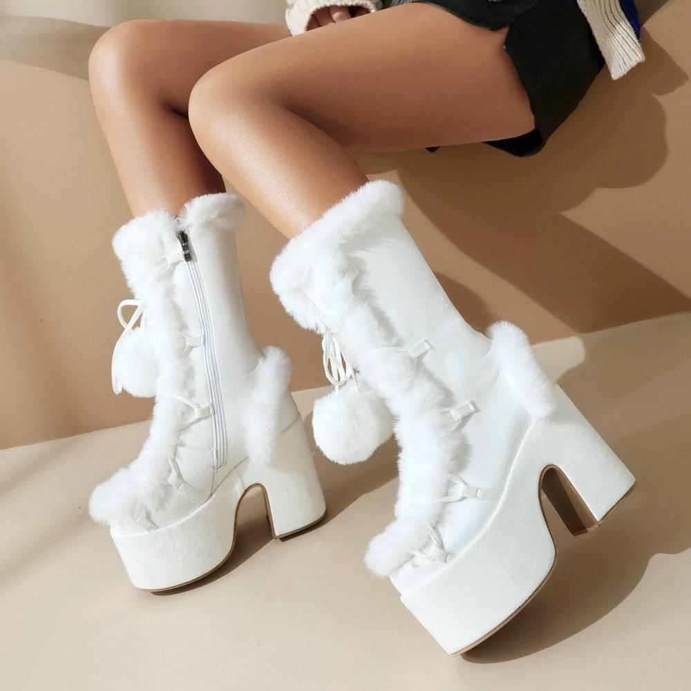 Lovely Lolita Mid-Calf Boots Women's Platform Thick Heels Sweet White Show Party Cosplay Ladies Fur Zipper Boots Pom-pom Pendant