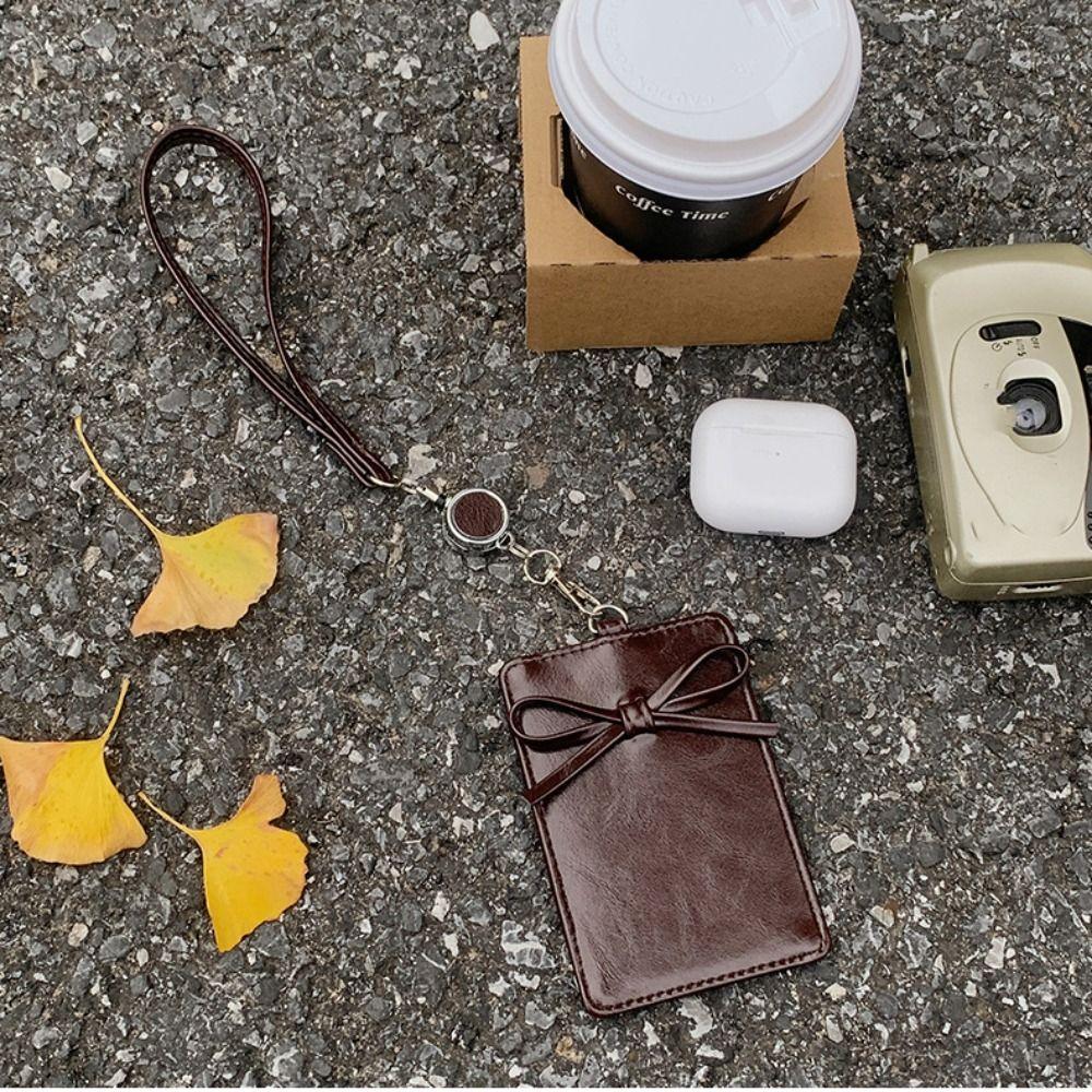 Кожа PU Бант Держатель для карт из кожи Выдвижной бейдж Обложка для рабочей карты Бантик Растягивающийся Держатели для проездных билетов Офис Студент