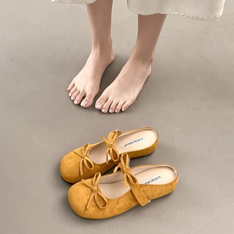 Lazy One-Pedal Inner Height Increase Bow Bag Retro Head Semi-Cool Slippers Slippers Women'S Summer Wear