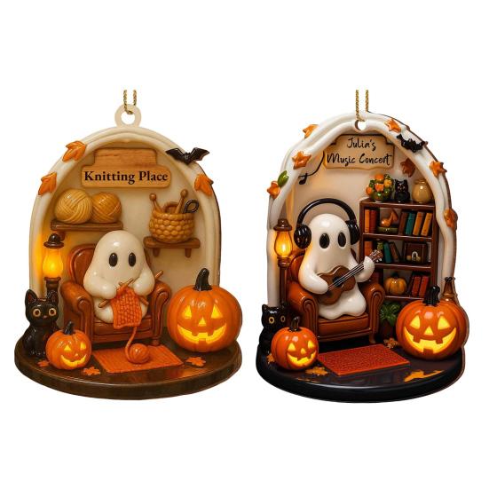 Halloween Ghost Ornament Acrylic Ghost-Themed Reading Cooking Painting Ornament Tree Hanging Decoration for Indoor Home Decor