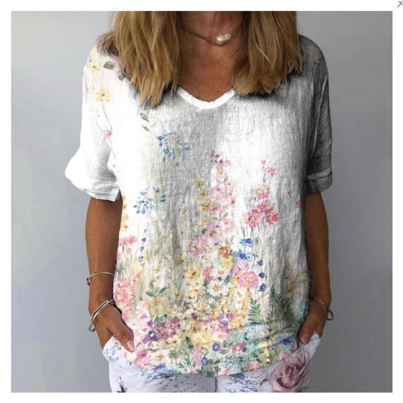 Весна и лето Новая женская футболка свободного покроя с 3D-цифровым принтом и покатым вырезом