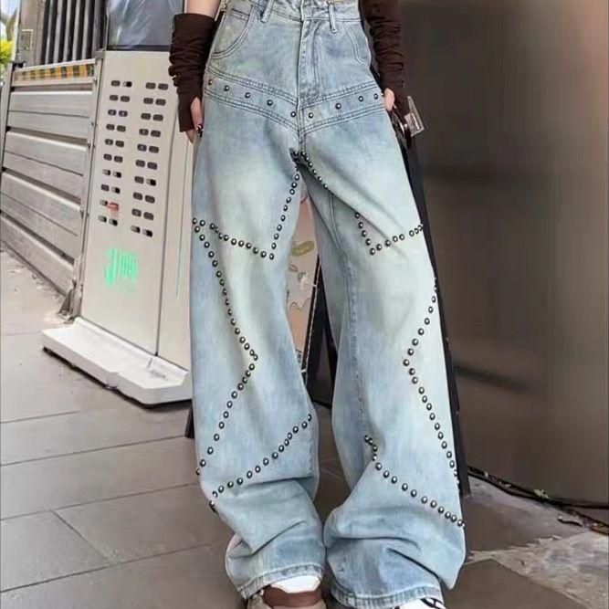 Women's Spring American Style High Street Rivet and Star Embellished Washed Jeans Loose Fit Slimming Retro Design Wide Leg Pants