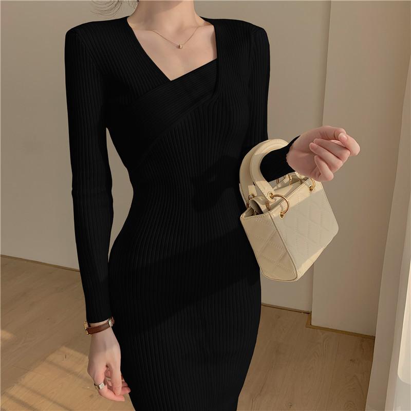Fall Winter Cross Square Collar Sweater Dresses Women Long Sleeve Bodycon Slim Bottoming Office Party Knitted Dress