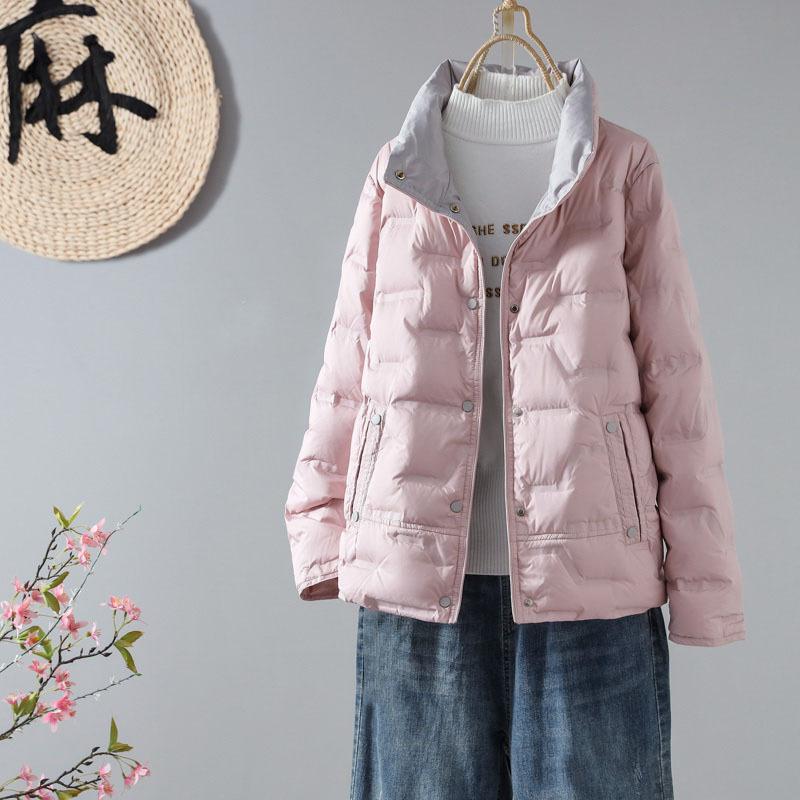 Women Winter Stand Collar Long Sleeve Solid Color Single Breasted Loose Pocket Casual White Duck Down Coat