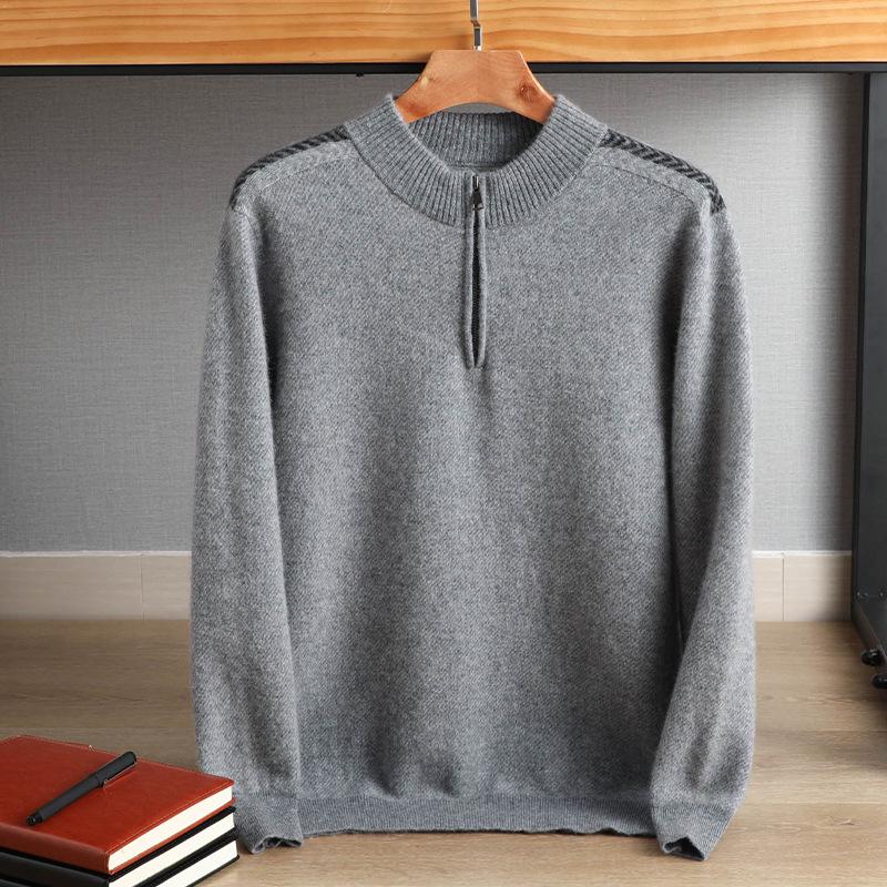 Men's Cashmere Half-Zip Pullover: Youthful Round Neck, Thick Wool Sweater, Plus Size, Casual Autumn/Winter Knitwear.